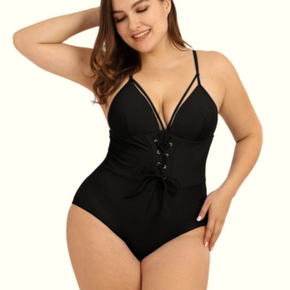 Super hot black bathing suit cinched waist